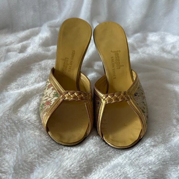 Joseph Salon Shoes Womens Size 6 Gold Tapestry VTG Dainty Feminine Open Toe - Picture 2 of 8